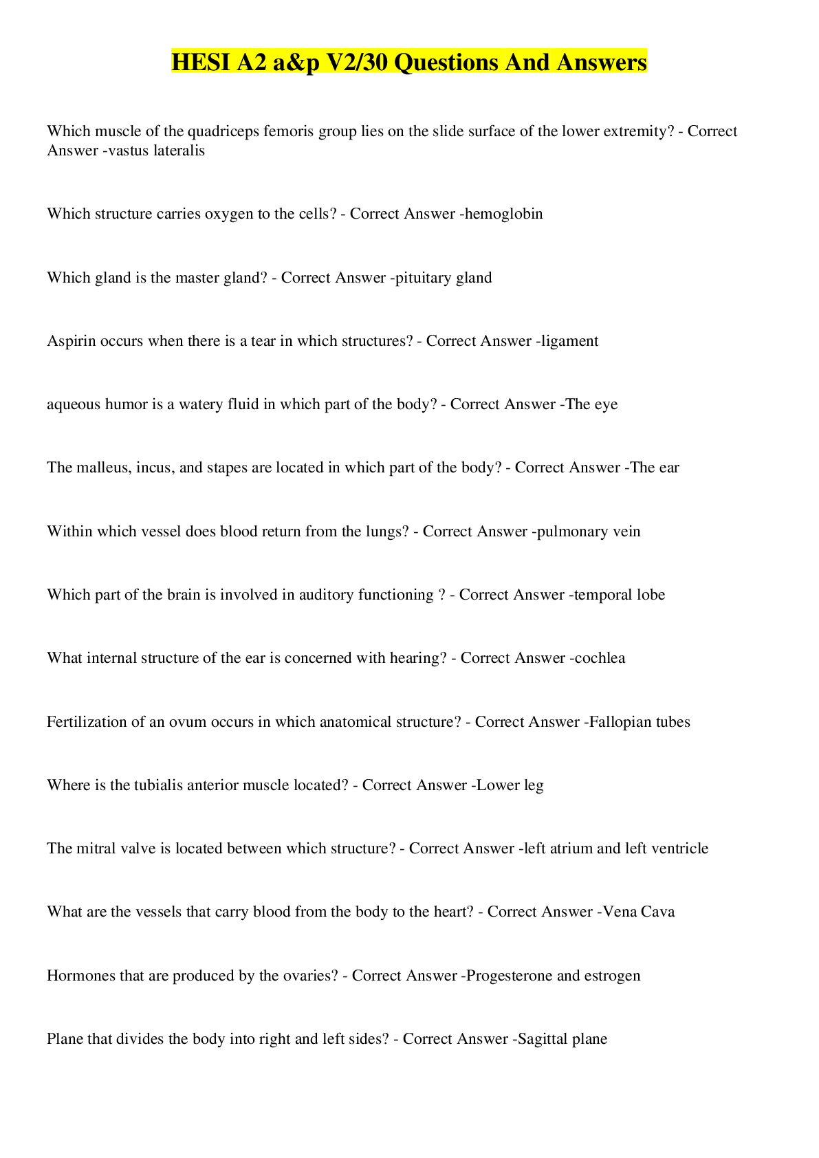 Preview image for HESI A2 a&p V2/30 Questions And Answers